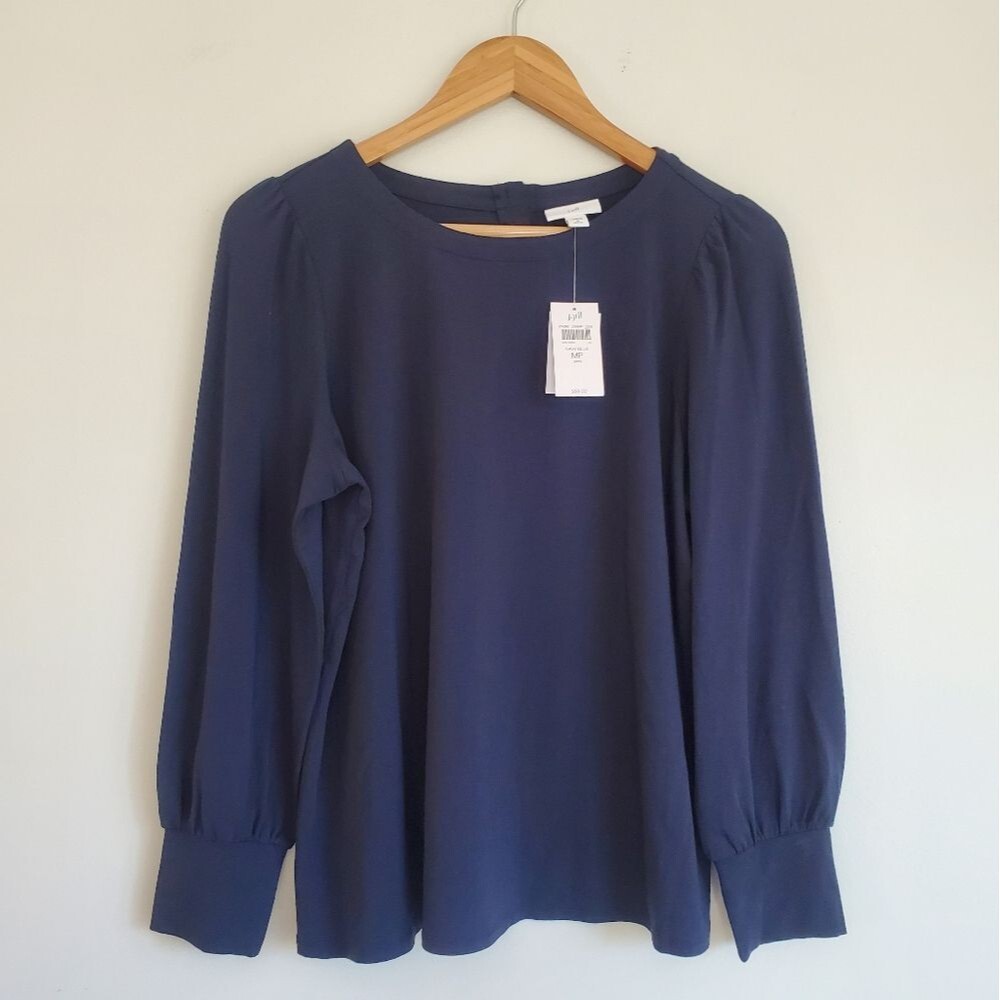 J. Jill Navy Blue Blouse With Long Sleeves And Shell Buttons Size Medium Petite